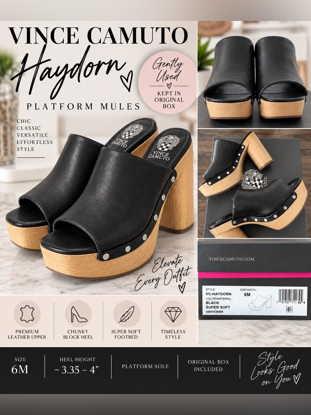 Vince Camuto Haydorn Black Leather Platform Mule Clogs Size 6M